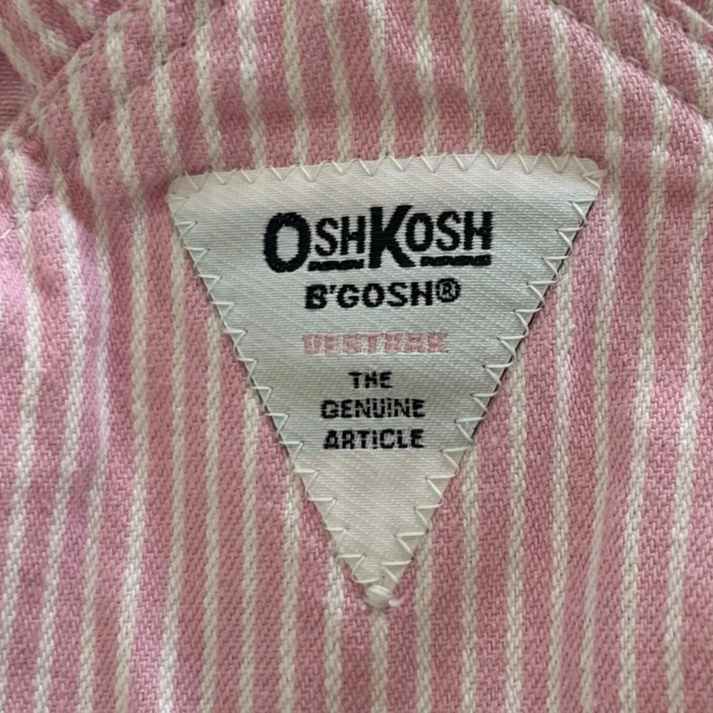 VTG Oshkosh Bgosh Baby Pink White Child Conductor Stripe Overall Dress Size 18M